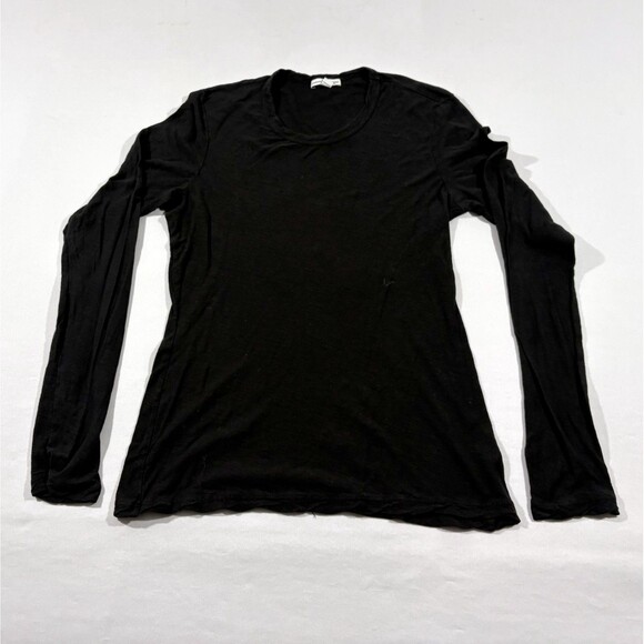 James Perse Womens Black Sheer Slub Long Sleeve Supima Cotton Crew Sz 2 M USA - Picture 1 of 8